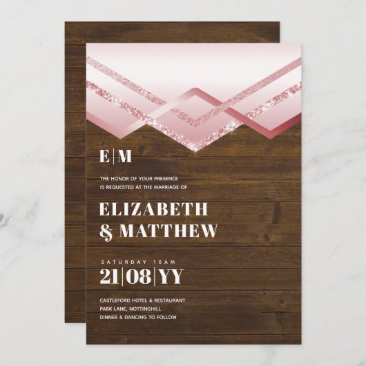 Glam Rosegold DECO Wedding Invite Modern Chic (Voorkant / Achterkant)