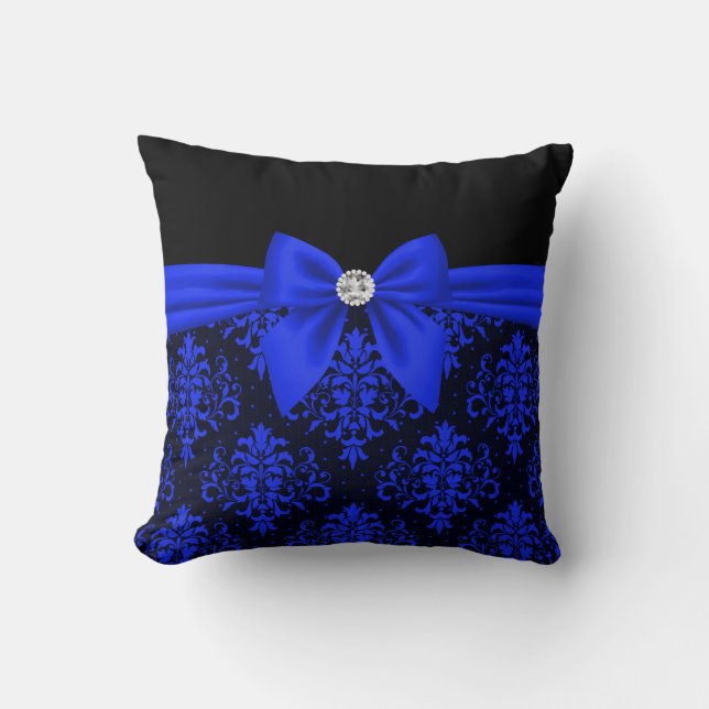 Glam Royal Blue Bow-Blue Lace-Black Kussen (Voorkant)