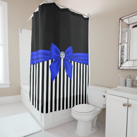 Glam Royal Blue Bow-Pinstripes-Black Douchegordijn (In situ)