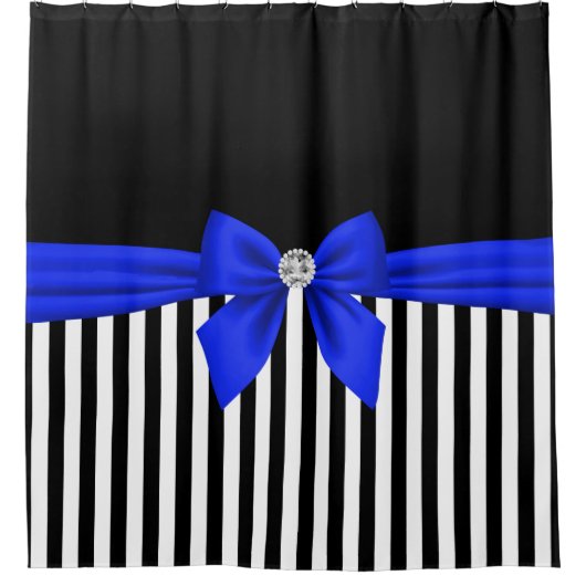 Glam Royal Blue Bow-Pinstripes-Black Douchegordijn (Voorkant)
