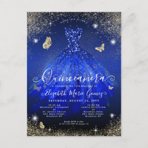 Glam Royal Blue Glitter Gown Quinceanera Briefkaart