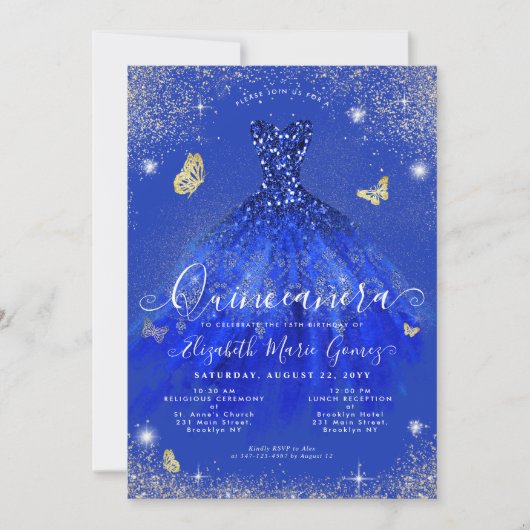 Glam Royal Blue Glitter Gown Quinceanera Kaart (Voorkant)