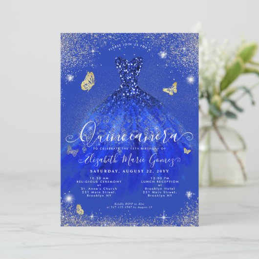Glam Royal Blue Glitter Gown Quinceanera Kaart (Staand voorkant)