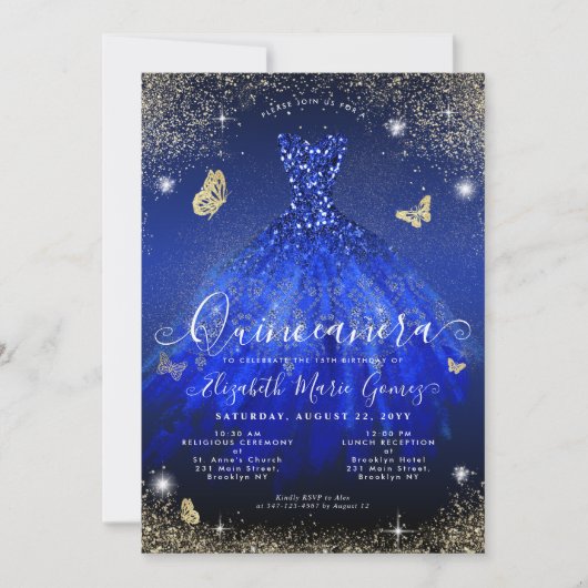 Glam Royal Blue Glitter Gown Quinceanera Kaart (Voorkant)