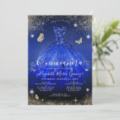 Glam Royal Blue Glitter Gown Quinceanera Kaart (Staand voorkant)