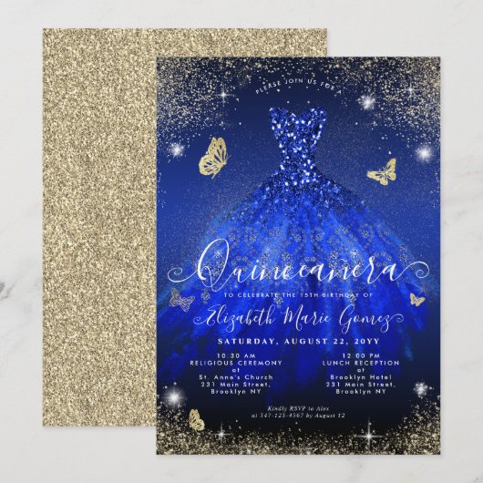 Glam Royal Blue Glitter Gown Quinceanera Kaart