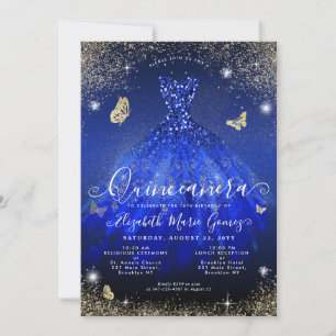 Glam Royal Blue Glitter Gown Quinceanera Kaart
