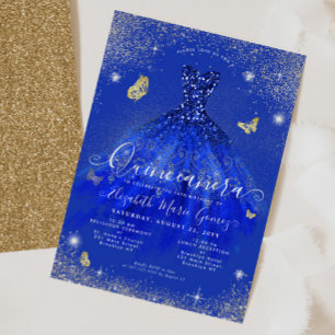 Glam Royal Blue Glitter Gown Quinceanera Kaart