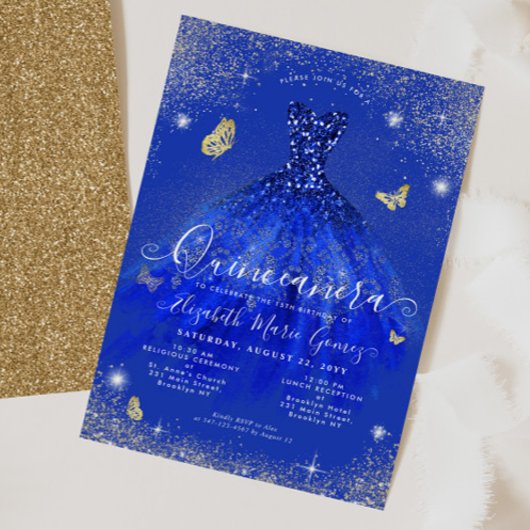 Glam Royal Blue Glitter Gown Quinceanera Kaart