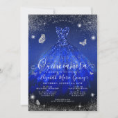 Glam Royal Blue Silver Glitter Gown Quinceanera Kaart (Voorkant)