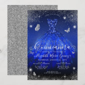 Glam Royal Blue Silver Glitter Gown Quinceanera Kaart (Voorkant / Achterkant)