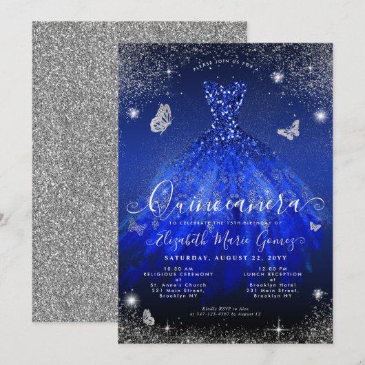 Glam Royal Blue Silver Glitter Gown Quinceanera Kaart (Voorkant / Achterkant)