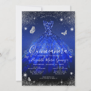 Glam Royal Blue Silver Glitter Gown Quinceanera Kaart