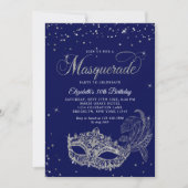 Glam Royal Blue Silver Glitter Masquerade Verjaard Kaart (Voorkant)