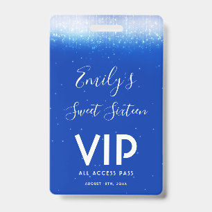 Glam Royal Blue Sweet 16 Uitnodiging VIP Pass Badg Badge