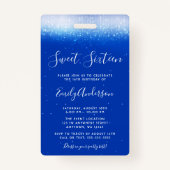 Glam Royal Blue Sweet 16 Uitnodiging VIP Pass Badg Badge (Achterkant)