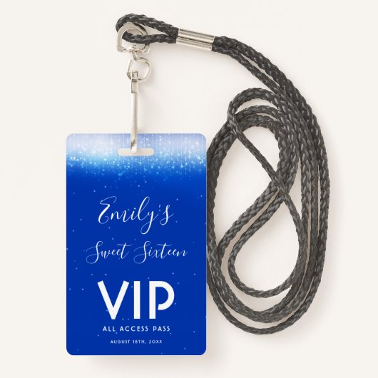 Glam Royal Blue Sweet 16 Uitnodiging VIP Pass Badg Badge (Voorkant met draagriem)