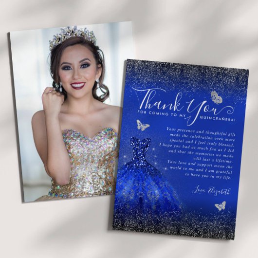 Glam Royal Blue Zilveren Glitter Quinceanera Foto Bedankkaart