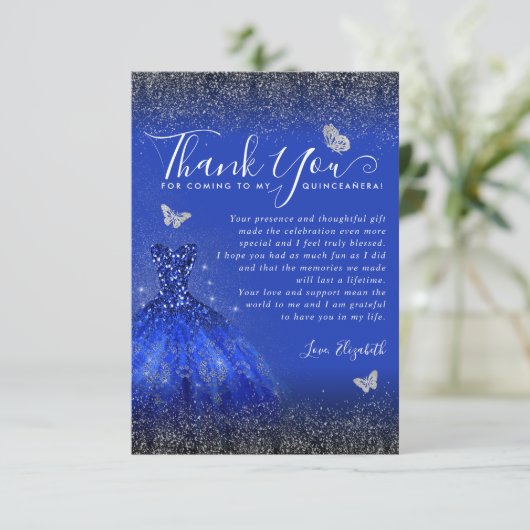 Glam Royal Blue Zilveren Glitter Quinceanera Foto Bedankkaart (Staand voorkant)