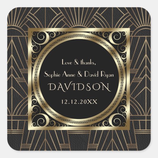 Glam Royal Goud Zwart Art Deco 20s Bruiloft Vierkante Sticker (Voorkant)