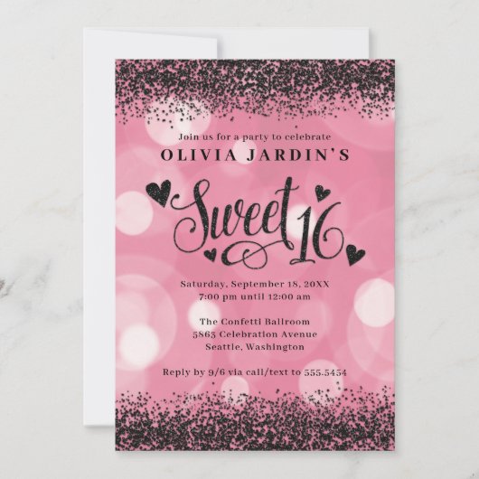 Glam Roze & Black Glitter Sweet 16 Kaart (Voorkant)