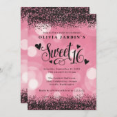 Glam Roze & Black Glitter Sweet 16 Kaart (Voorkant / Achterkant)