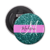 Glam Roze Blauwgroen Groen Glitter Sparkle Name Mo Button Flesopener (Voorkant)