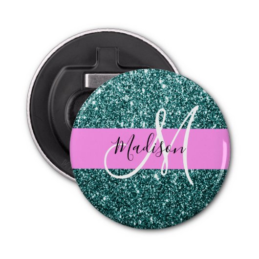 Glam Roze Blauwgroen Groen Glitter Sparkle Name Mo Button Flesopener (Voorkant)