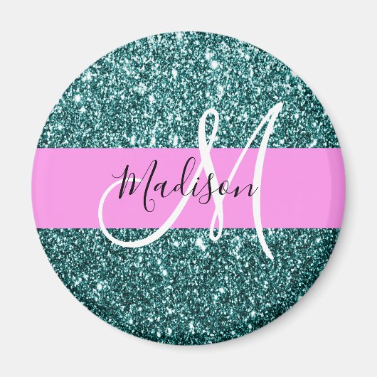 Glam Roze Blauwgroen Groen Glitter Sparkle Name Mo Magneet (Voorkant)