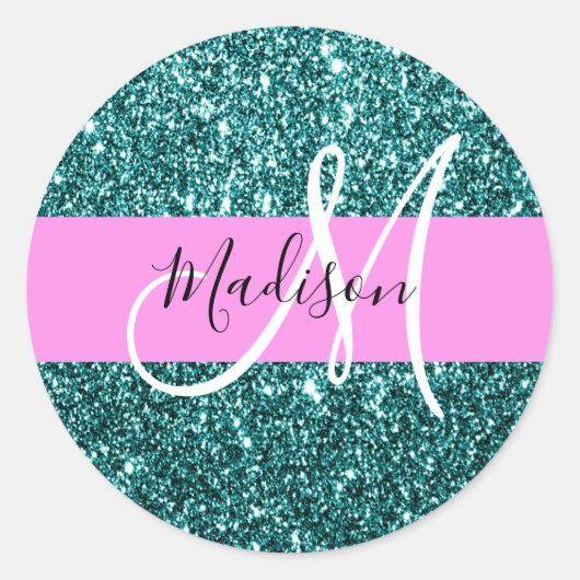 Glam Roze Blauwgroen Groen Glitter Sparkle Name Mo Ronde Sticker (Voorkant)