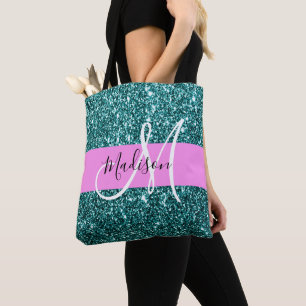 Glam Roze Blauwgroen Groen Glitter Sparkle Name Mo Tote Bag