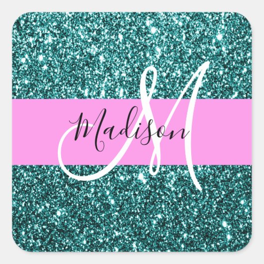 Glam Roze Blauwgroen Groen Glitter Sparkle Name Mo Vierkante Sticker (Voorkant)