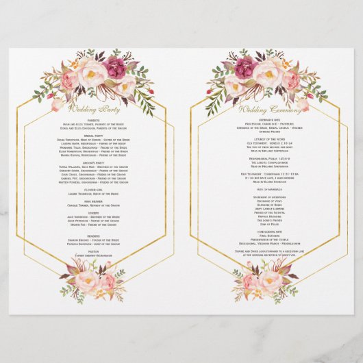 Glam Roze Blush Bloem Gouden Lijst Trouwprogramma Flyer (Achterkant)