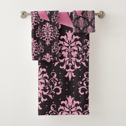 Glam Roze Bow-Roze kant-zwart Bad Handdoek (Insitu)