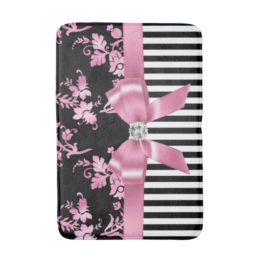 Glam roze bow-roze Stencil-zwart witte instripes Badmat (Voorkant Verticaal)