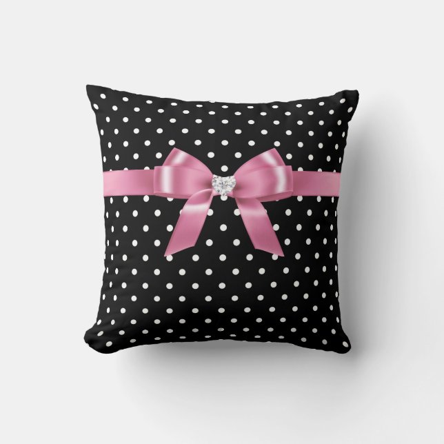 Glam Roze Bow-White Polka Dots-Black Kussen (Voorkant)