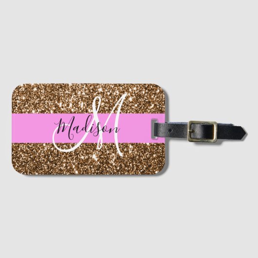 Glam Roze & Bronze Glitter Sparkles Monogram Bagagelabel (Voorkant (horizontaal))