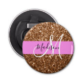Glam Roze & Bronze Glitter Sparkles Monogram Button Flesopener (Voorkant)