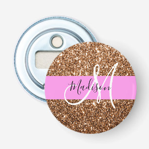 Glam Roze & Bronze Glitter Sparkles Monogram Button Flesopener