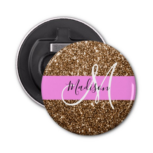 Glam Roze & Bronze Glitter Sparkles Monogram Button Flesopener (Voorkant)