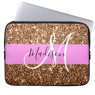 Glam Roze & Bronze Glitter Sparkles Monogram Laptop Sleeve