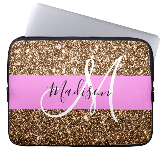 Glam Roze & Bronze Glitter Sparkles Monogram Laptop Sleeve (Voorkant)