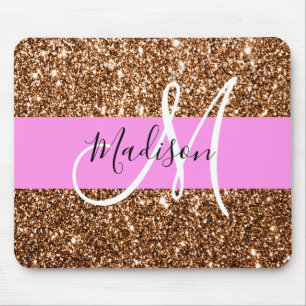 Glam Roze & Bronze Glitter Sparkles Monogram Muismat