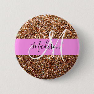 Glam Roze & Bronze Glitter Sparkles Monogram Ronde Button 5,7 Cm