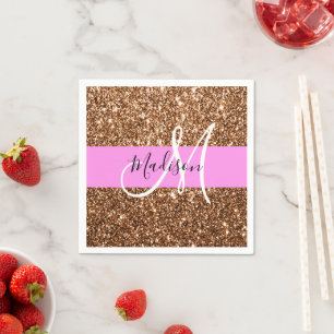 Glam Roze & Bronze Glitter Sparkles Monogram Servet