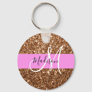 Glam Roze & Bronze Glitter Sparkles Monogram Sleutelhanger