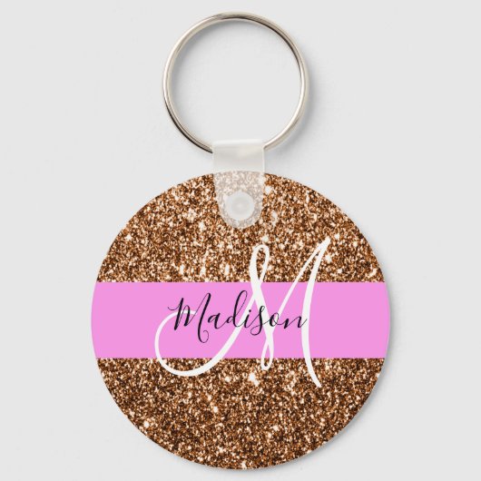 Glam Roze & Bronze Glitter Sparkles Monogram Sleutelhanger (Voorkant)
