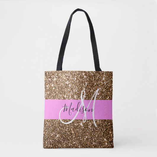 Glam Roze & Bronze Glitter Sparkles Monogram Tote Bag (Voorkant)