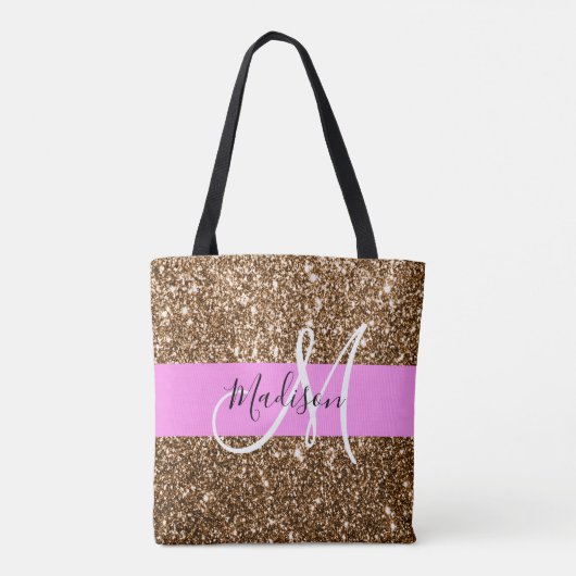 Glam Roze & Bronze Glitter Sparkles Monogram Tote Bag (Achterkant)
