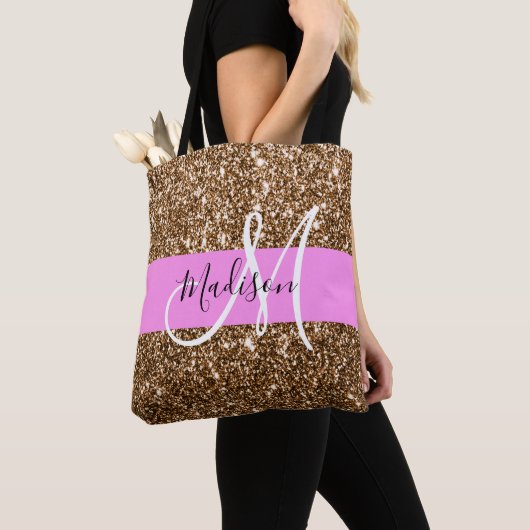 Glam Roze & Bronze Glitter Sparkles Monogram Tote Bag (Dichtbij)